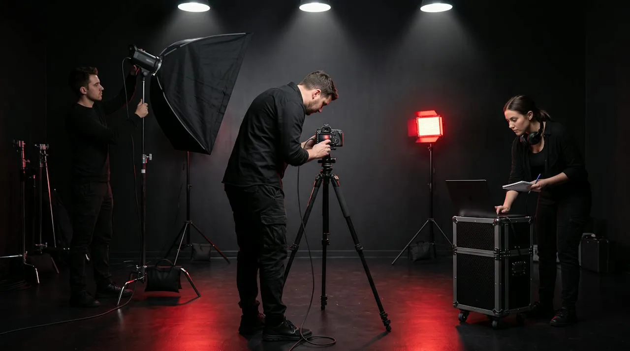 Equipo de producción trabajando en el estudio