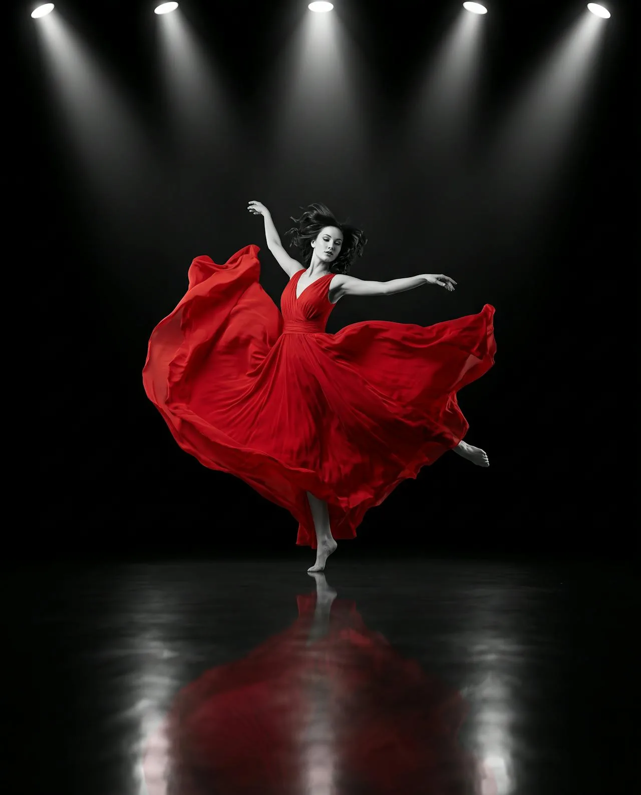 Fotografía de moda con vestido rojo en movimiento