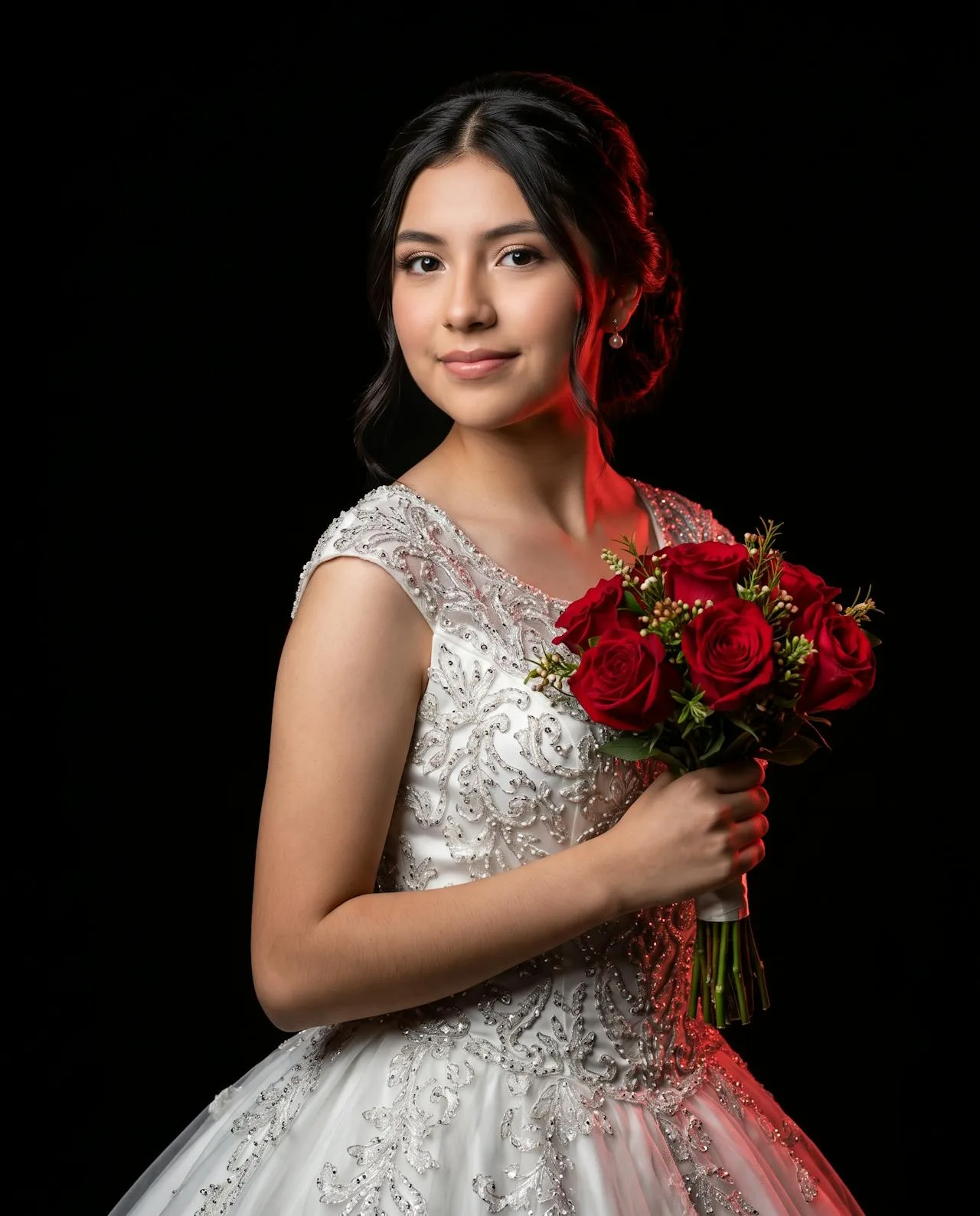 Retrato de quince años con ramo de rosas